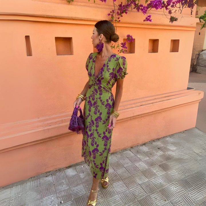 Muriel | Women's Puff Sleeves Floral Plunge V Neck Dress