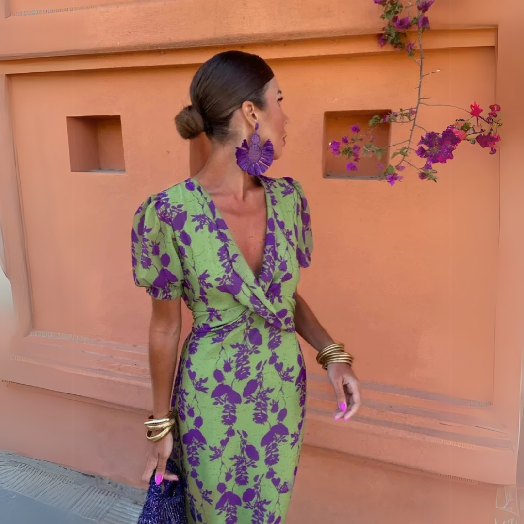 Muriel | Women's Puff Sleeves Floral Plunge V Neck Dress
