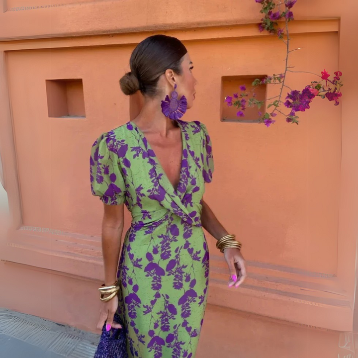 Muriel | Women's Puff Sleeves Floral Plunge V Neck Dress