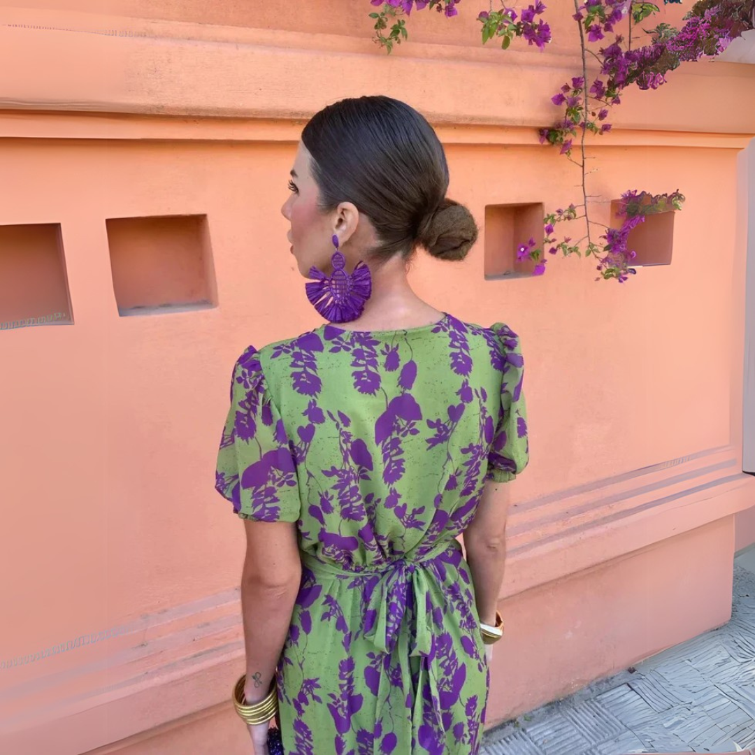 Muriel | Women's Puff Sleeves Floral Plunge V Neck Dress