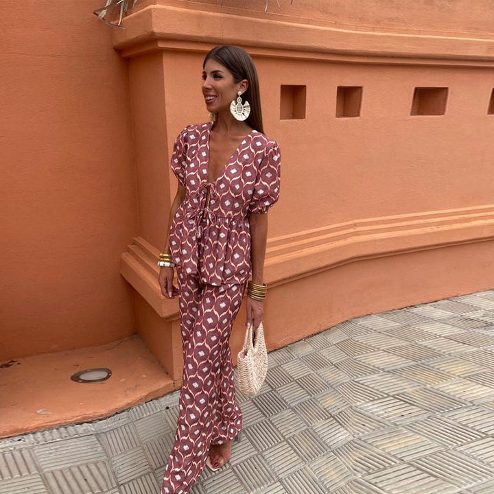 Cordelia | Women's Printed Puff Sleeve Top and Trousers Set