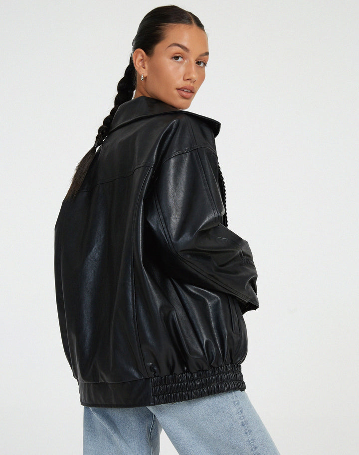 Juno | Women's Baggy Faux Leather Bomber Jacket