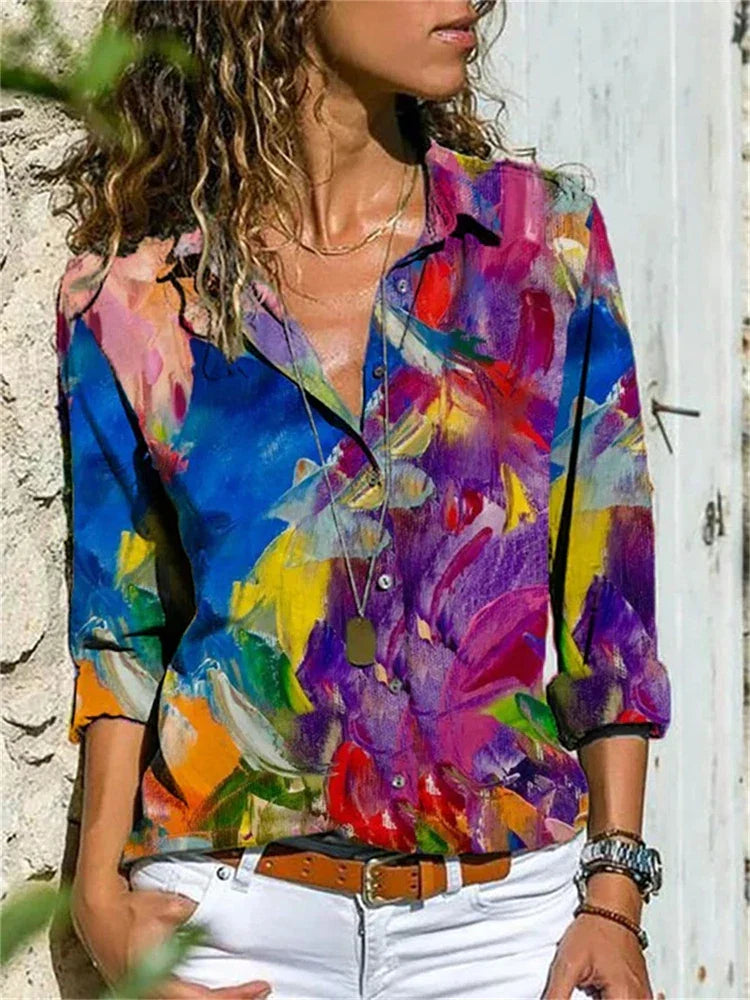 Candice | Women's Loose Fit Retro Print Long Sleeve Blouse