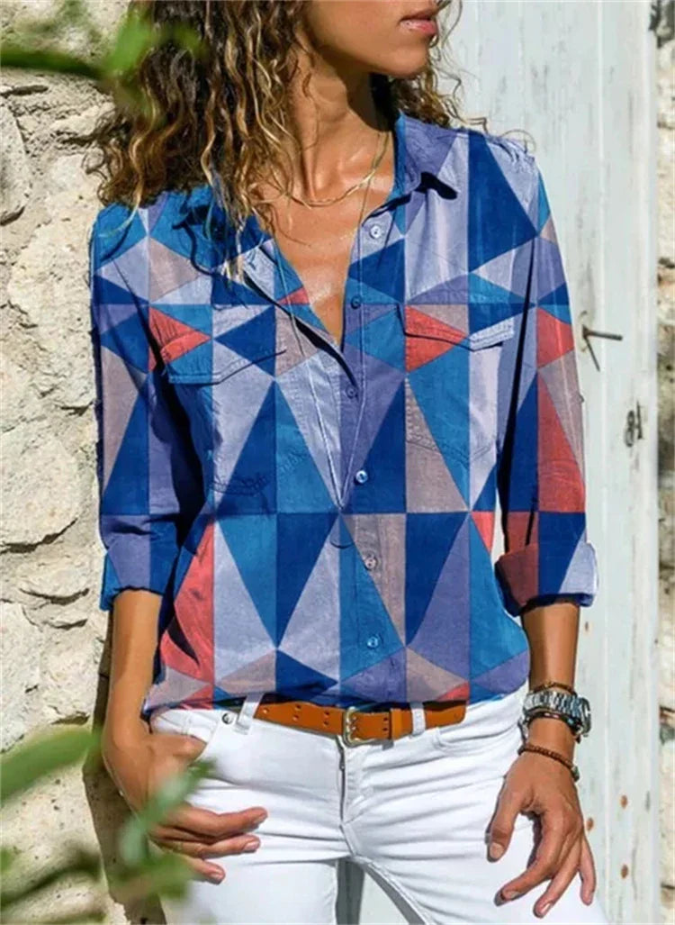 Candice | Women's Loose Fit Retro Print Long Sleeve Blouse