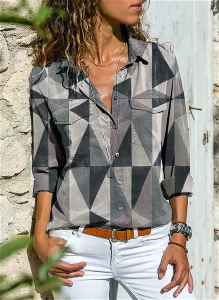 Candice | Women's Loose Fit Retro Print Long Sleeve Blouse
