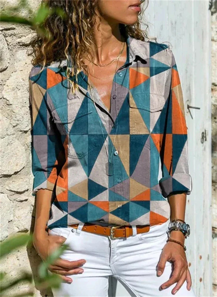 Candice | Women's Loose Fit Retro Print Long Sleeve Blouse