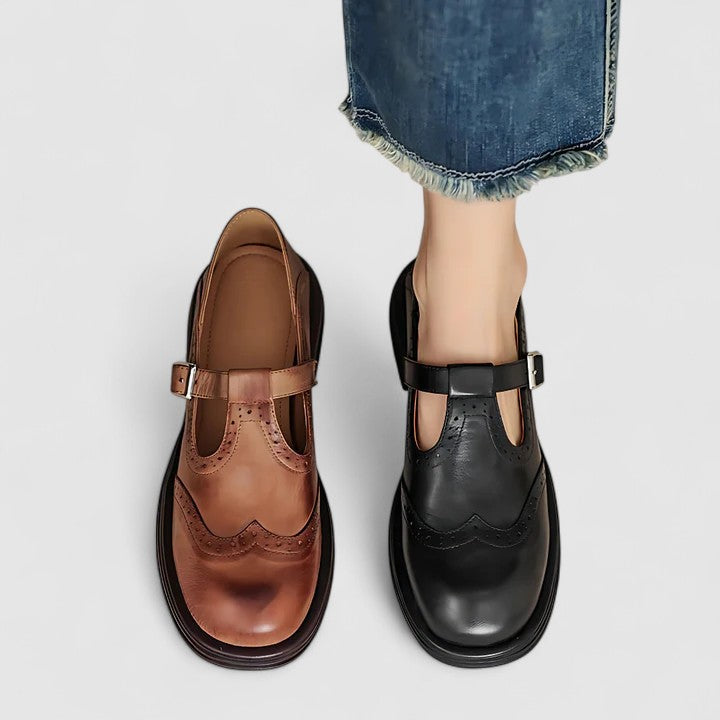 Clara | Women's Brogue Detail T-Strap Leather Shoes