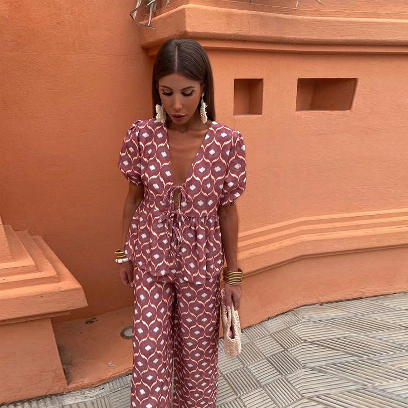 Cordelia | Women's Printed Puff Sleeve Top and Trousers Set