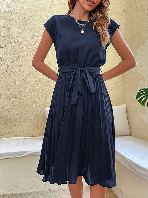 Kaye | Women's Pleated Midi A Line Dress with Tie Belt