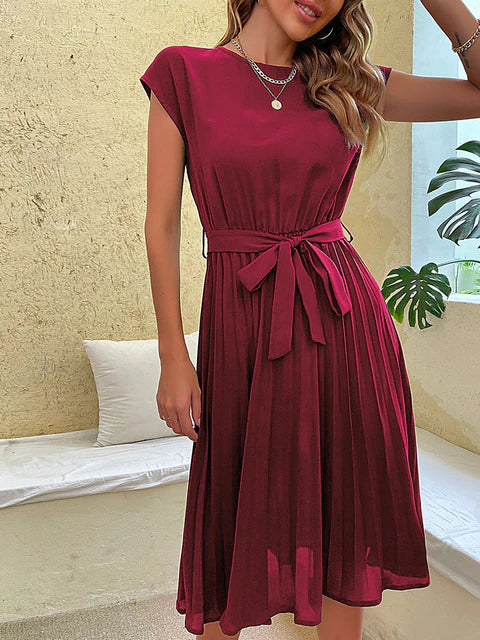 Kaye | Women's Pleated Midi A Line Dress with Tie Belt