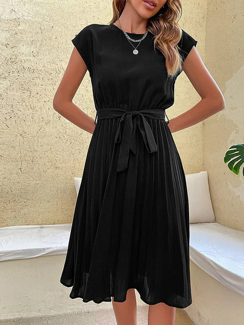 Kaye | Women's Pleated Midi A Line Dress with Tie Belt