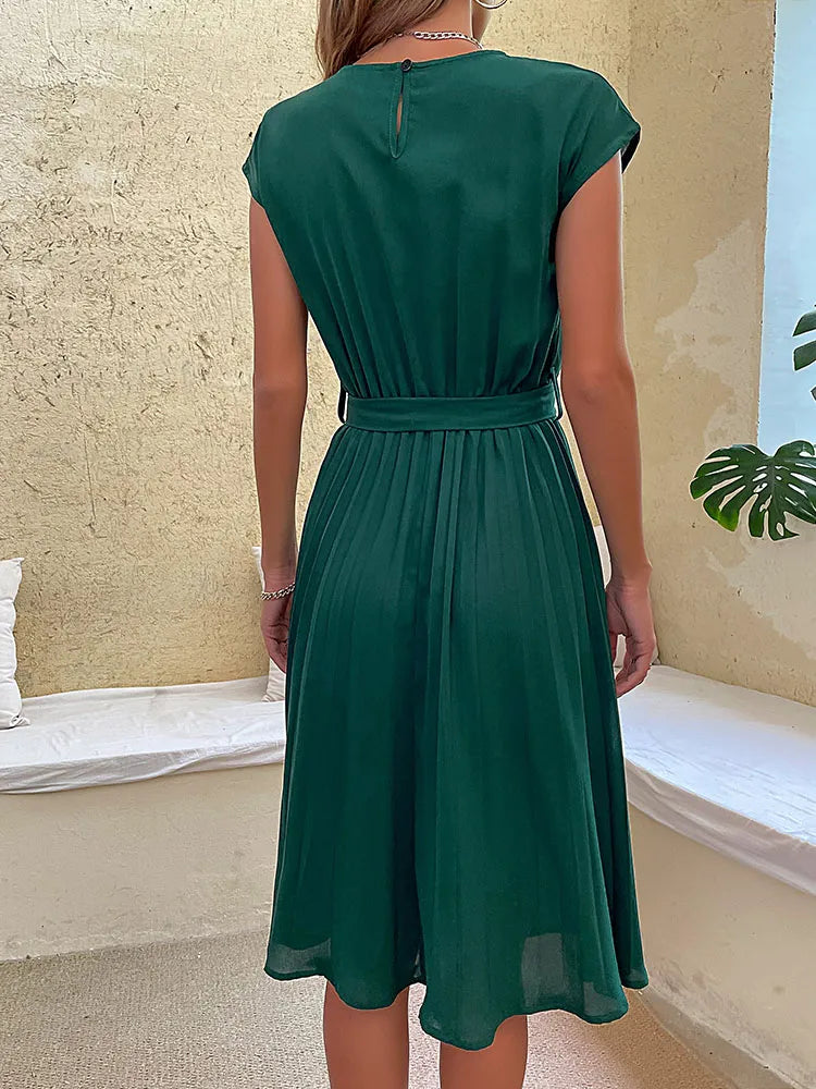 Kaye | Women's Pleated Midi A Line Dress with Tie Belt