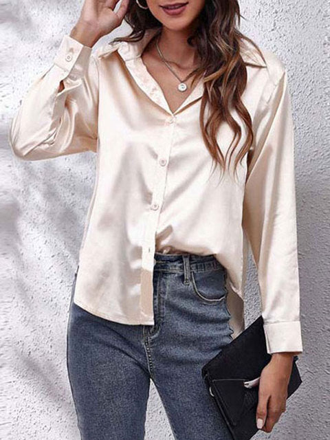 Scarlett  | Women's Lustrous V-Neck Satin Button-Down Shirt