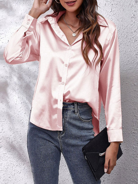Scarlett  | Women's Lustrous V-Neck Satin Button-Down Shirt