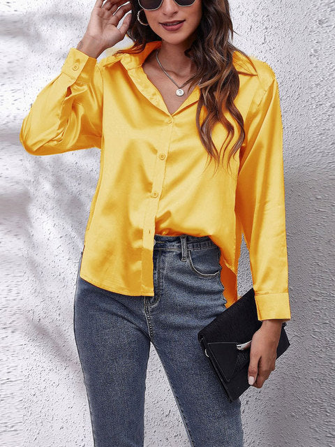 Scarlett  | Women's Lustrous V-Neck Satin Button-Down Shirt