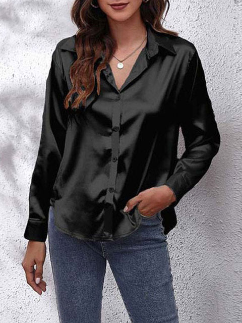 Scarlett  | Women's Lustrous V-Neck Satin Button-Down Shirt