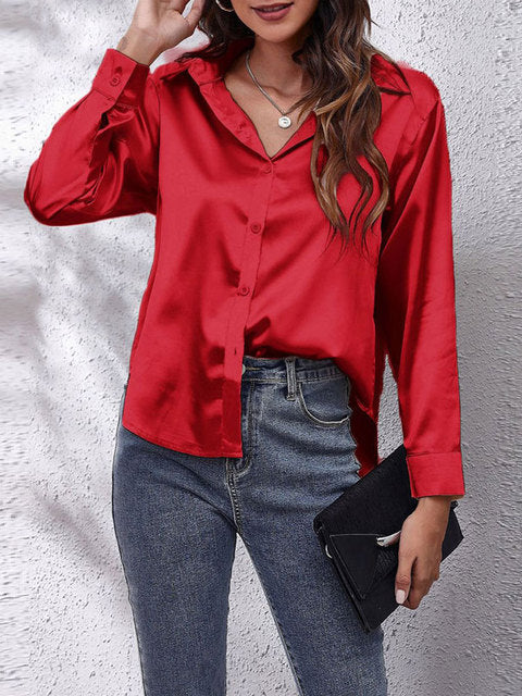 Scarlett  | Women's Lustrous V-Neck Satin Button-Down Shirt