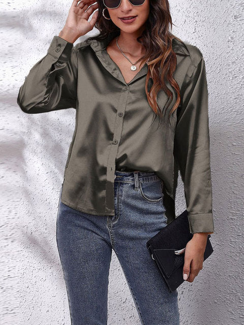Scarlett  | Women's Lustrous V-Neck Satin Button-Down Shirt