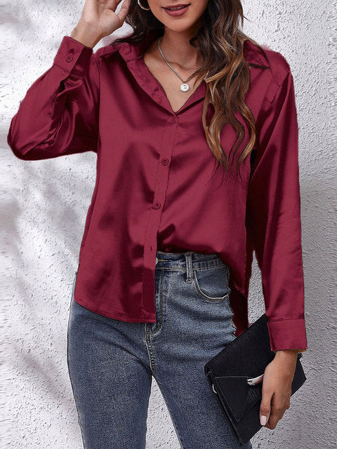 Scarlett  | Women's Lustrous V-Neck Satin Button-Down Shirt