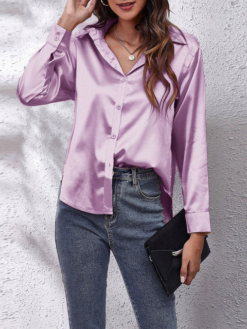 Scarlett  | Women's Lustrous V-Neck Satin Button-Down Shirt