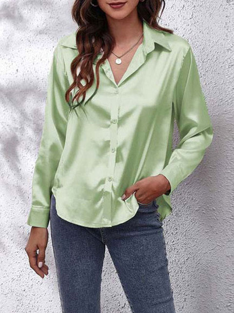 Scarlett  | Women's Lustrous V-Neck Satin Button-Down Shirt
