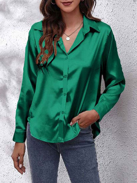Scarlett  | Women's Lustrous V-Neck Satin Button-Down Shirt