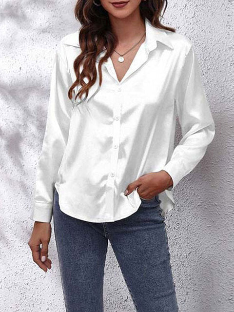 Scarlett  | Women's Lustrous V-Neck Satin Button-Down Shirt