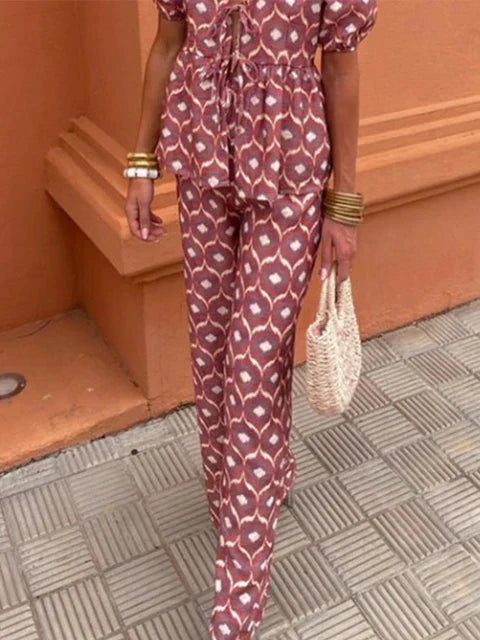 Cordelia | Women's Printed Puff Sleeve Top and Trousers Set