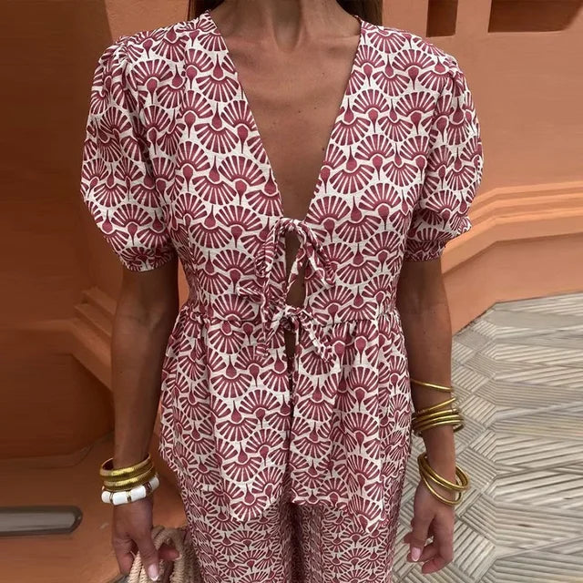 Cordelia | Women's Printed Puff Sleeve Top and Trousers Set