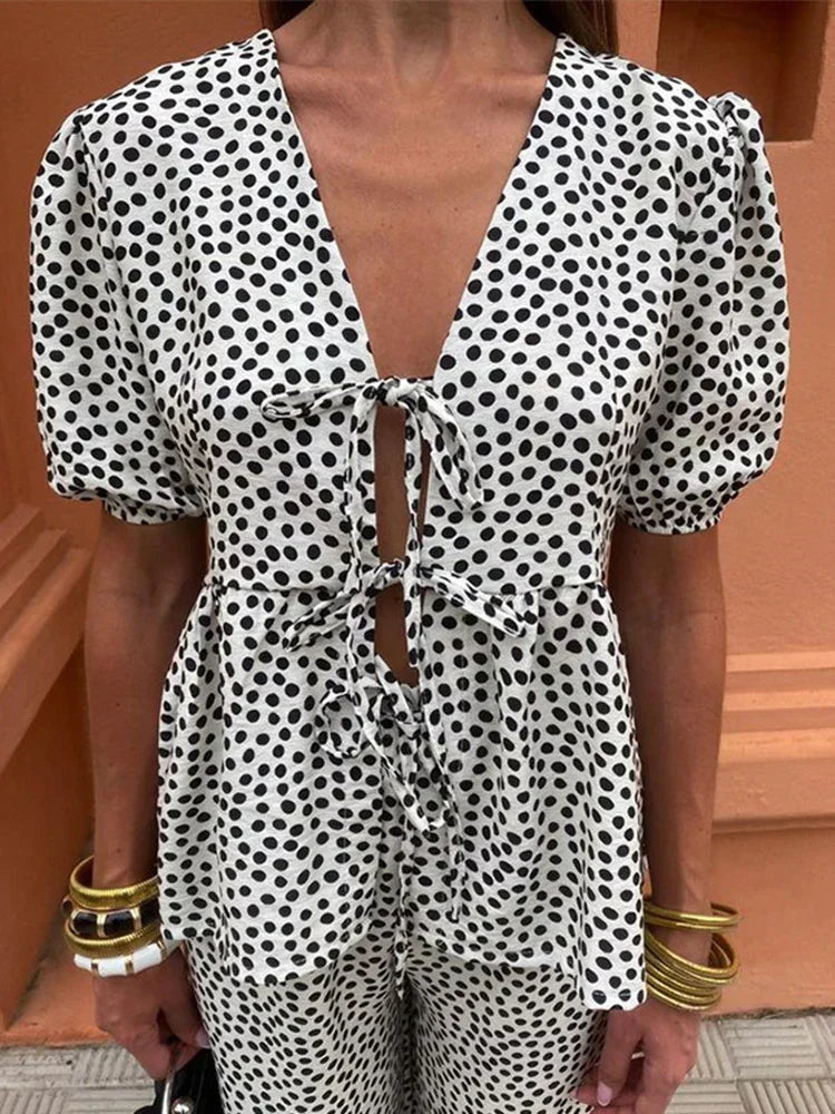 Cordelia | Women's Printed Puff Sleeve Top and Trousers Set