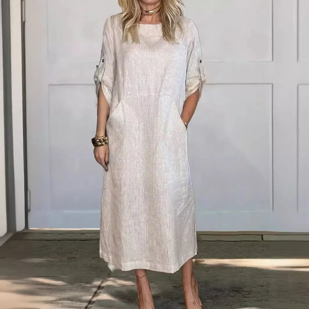 Effie | Women's Casual Roll Tab Sleeves Linen Summer Dress