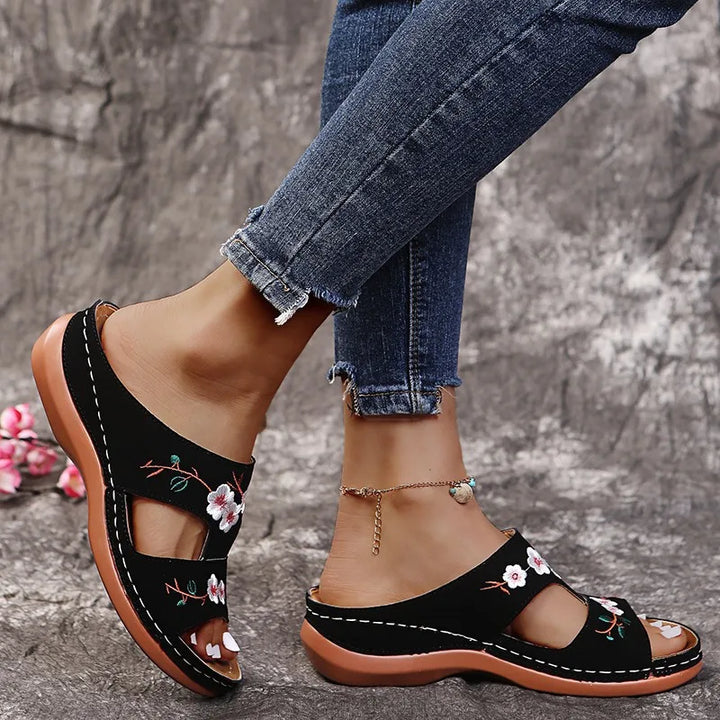 Yelena | Woman's Embroidered Floral Slip On Sandals