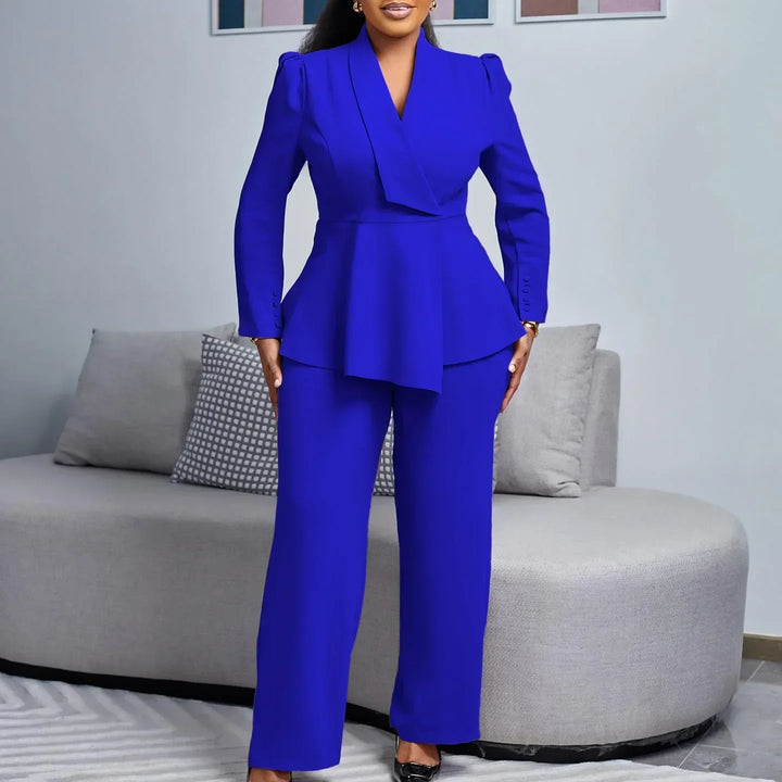 Victoria | Women’s Elegant V-Neck Peplum Top & Wide-Leg Pant Suit Set