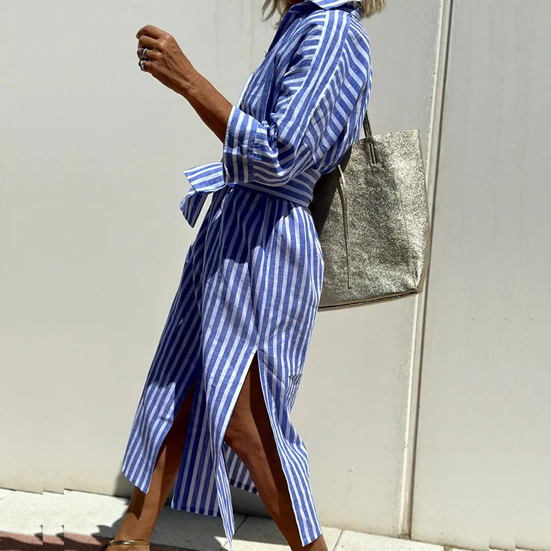 Lauren | Women's Long Sleeve Striped Shirt Maxi Dress
