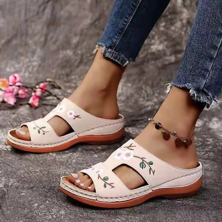 Yelena | Woman's Embroidered Floral Slip On Sandals