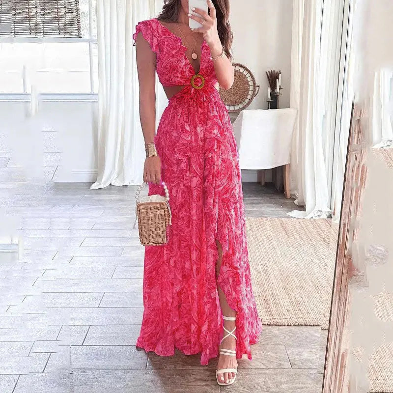 Sheena | Women's Floral Cut Out Maxi Dress with Ruffle Sleeves