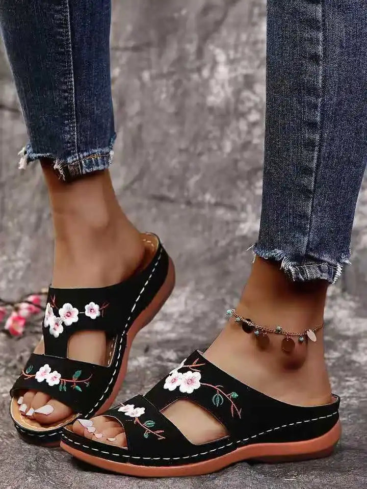 Yelena | Woman's Embroidered Floral Slip On Sandals