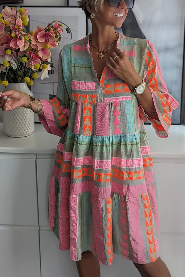 Soleil | Women's Chic Aztec Print Tiered Smock Dress