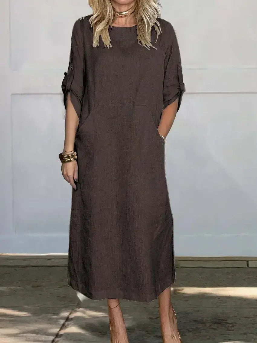 Effie | Women's Casual Roll Tab Sleeves Linen Summer Dress