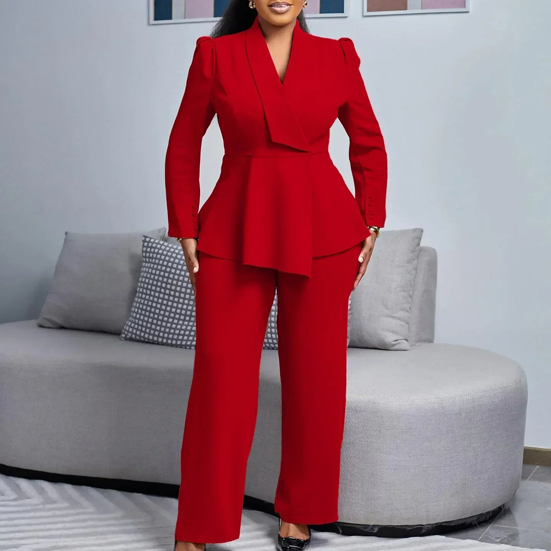 Victoria | Women’s Elegant V-Neck Peplum Top & Wide-Leg Pant Suit Set