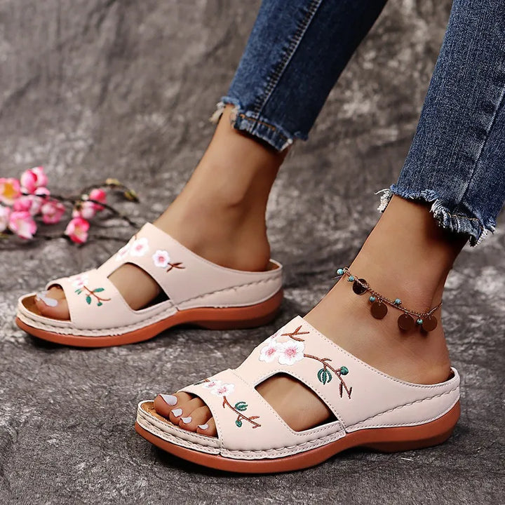 Yelena | Woman's Embroidered Floral Slip On Sandals