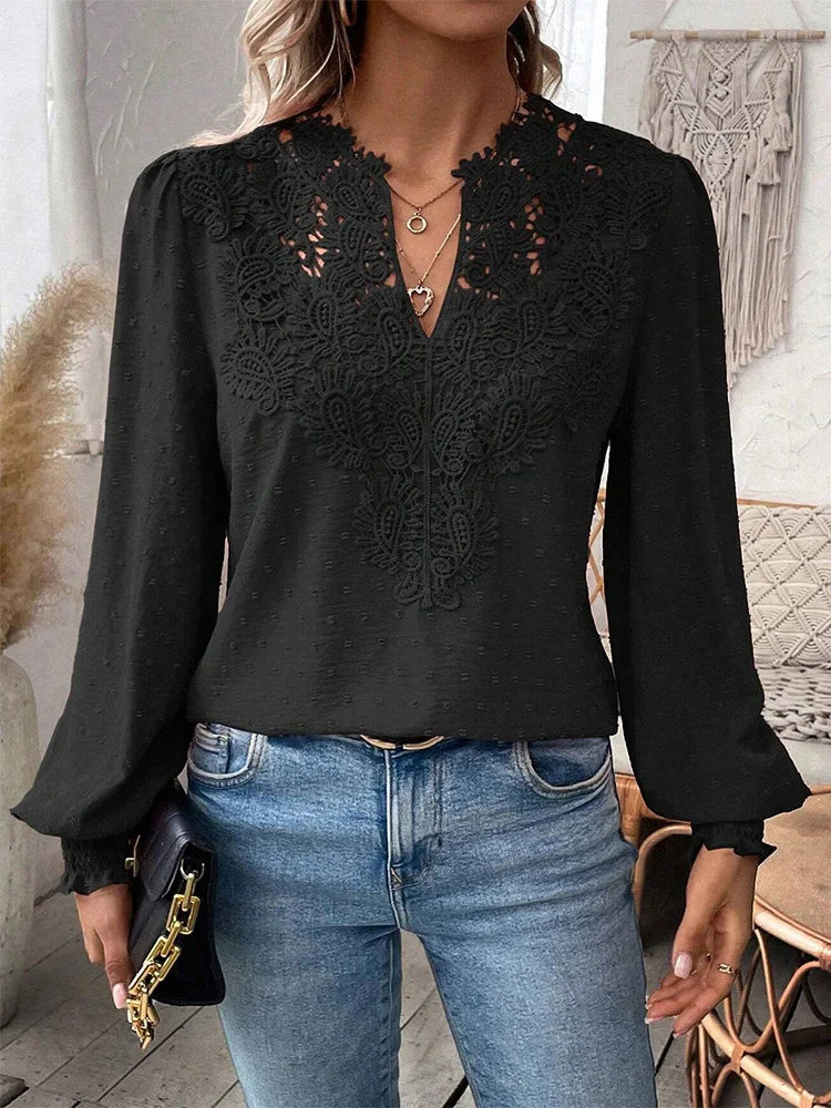 Anne | Women's Elegant Lace V Neck Long Sleeve Blouse