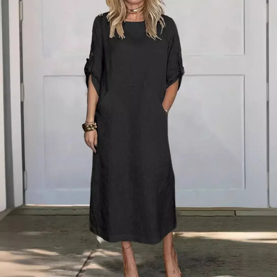 Effie | Women's Casual Roll Tab Sleeves Linen Summer Dress