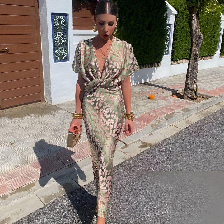 Regina | Women's Chic Printed Twist Front Bodycon Maxi Dress
