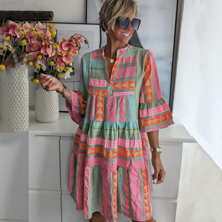 Soleil | Women's Chic Aztec Print Tiered Smock Dress