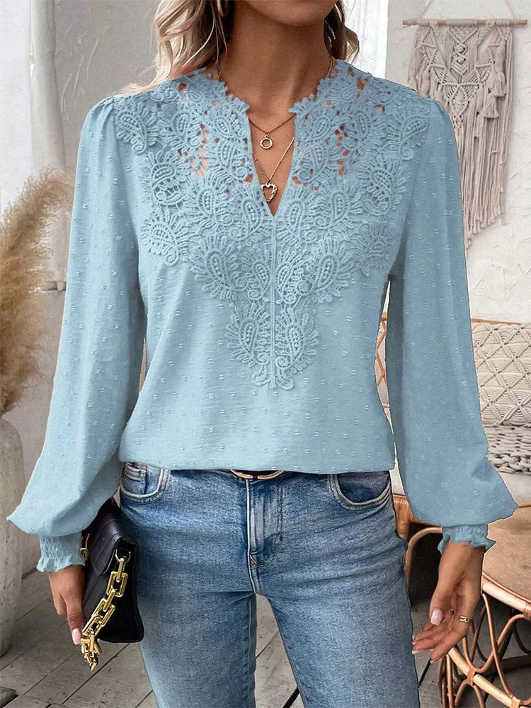 Anne | Women's Elegant Lace V Neck Long Sleeve Blouse