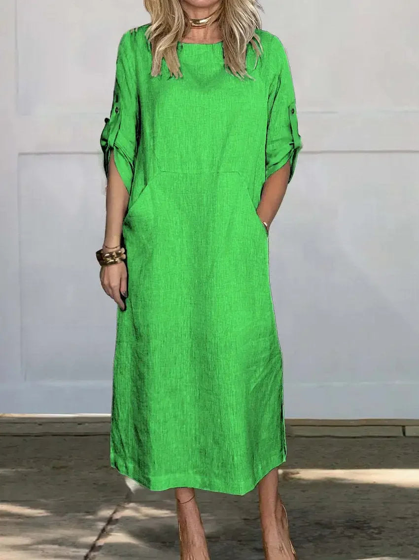Effie | Women's Casual Roll Tab Sleeves Linen Summer Dress