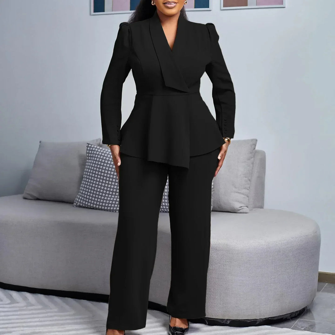 Victoria | Women’s Elegant V-Neck Peplum Top & Wide-Leg Pant Suit Set