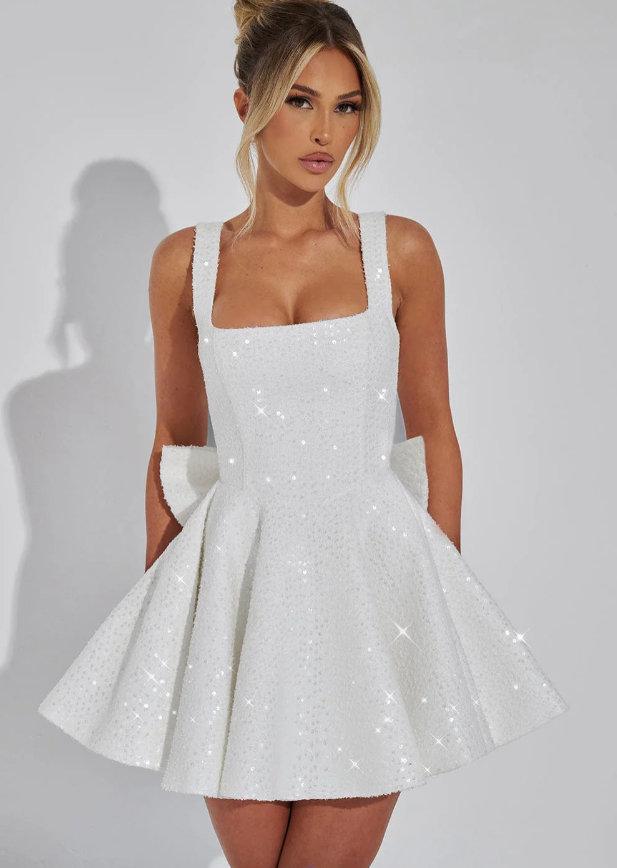 Lottie | Women's Backless Sequin Tweed Bow Dress
