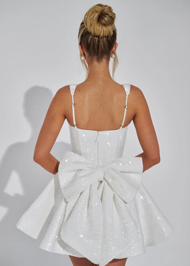 Lottie | Women's Backless Sequin Tweed Bow Dress